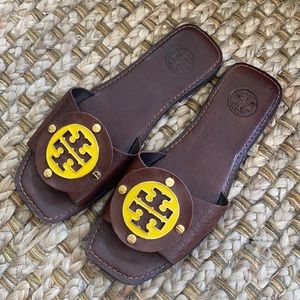 Tory Burch Brown Leather Slide Sandals Yellow Logo